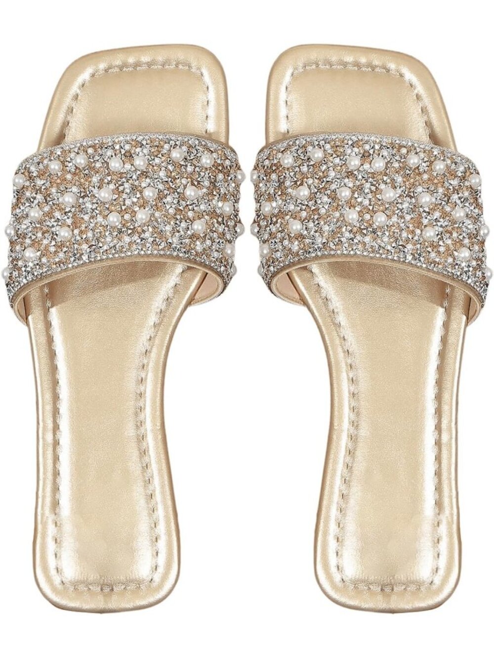 Women's Gold Square Toe Sparkly Rhinestone Jeweled Flats Pearl Boho Summer Shoes